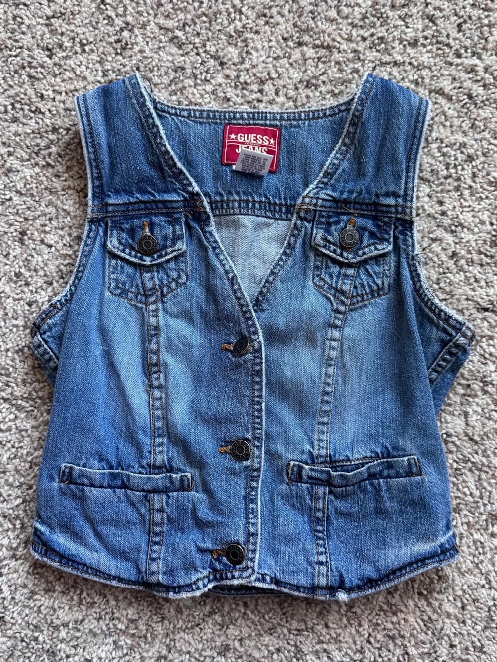 Vtg GUESS Jeans Women’s S Denim Vest Blue Button Front Y2K Western Buckle Back